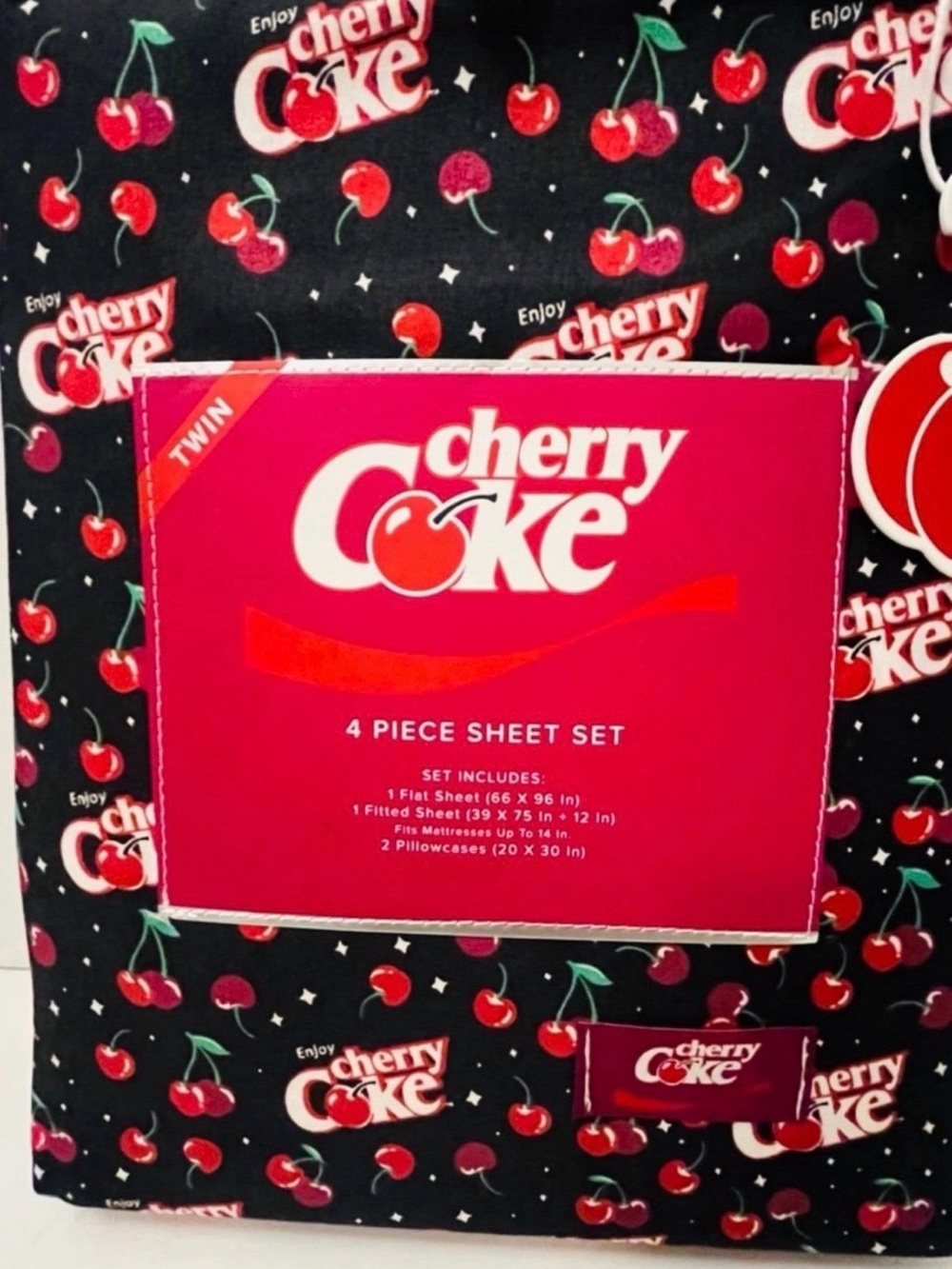 Enjoy Cherry Coke Twin Size 4 Piece Sheet Set Black Red White Green - Picture 2 of 12